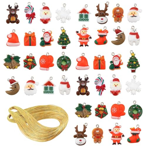 40 Pcs Mini Christmas Tree Decorations Set with 10m Golden String - Resin Christmas Ornaments Including Santa, Tree, Snowman, Snowflake, Christmas Baubles for Xmas Hanging Decorations