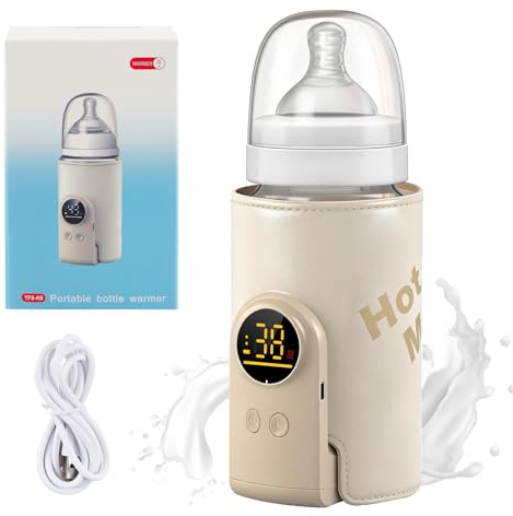 Portable Bottle Warmer, Rechargeable Baby Bottle Warmer with 6-Speed Adjustable Temperature and 18W Fast Heating, Baby Milk Warmer with LED Temperature Display and Night Light, Travel-Friendly