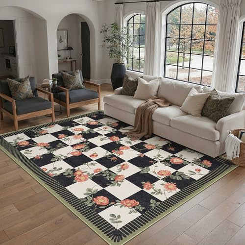 PureCozy Teppich Wohnzimmer 160x230cm Blumenmuster Blumen Kariert Waschbarer Rugs for Living Room Weich rutschfest Tepich Kurzflor Schlafzimmer Carpet Esszimmer Bedroom Teppiche Büro, Schwarz&