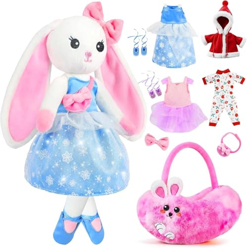 Plüschtier Niedliches Häschen Spielzeug ab 3-8 Jahre,Weiche Ballett Kaninchen Stoffpuppe Kuscheln, Kuscheltier Set mit 4 er-Kleidungsset zum Anziehen,Häschen Ggeschenke für Mädchen 3 4 5 6 7 Jah
