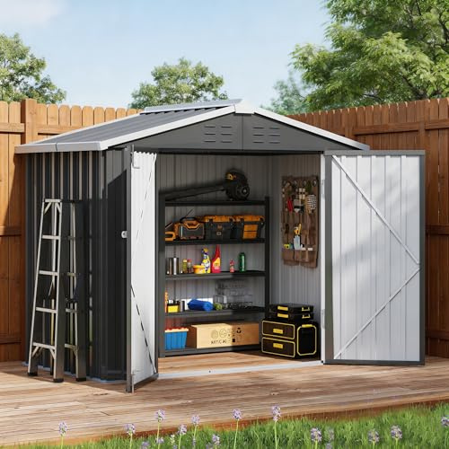 Amopatio Casetas de Jardin Exterior, 196x131x185 cm, Cobertizo de Metal con Puerta Corredera y Cerradura, Caseta de Almacenamiento para Herramientas de Jardín