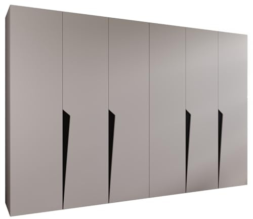 MEBLE KRYSPOL - Kleiderschrank - Garderobenschrank - 300 cm x 202 x 52 cm - Schrank mit Kleiderstange, 6 Türen - für Schlafzimmer, Flur - Piano, Kaschmir, Griff Schwarz
