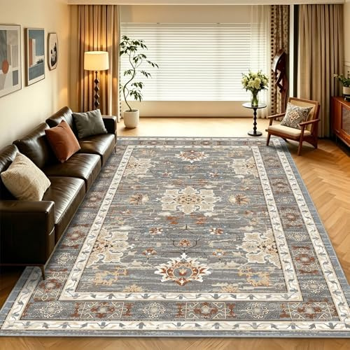 WUTONG Teppich 160x230 cm Modern Vintage Wohnzimmer, Grau-Blau Design mit Klassischem Charme, Kurzflor Teppich Waschbar, rutschfest mit TPR-Rücken, Weich Faux Cashmere Großer Wohnzimmerteppich