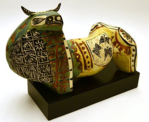 Keramik Skulptur Iberischen Bull, Groß mit Holzsockel. picassian Design. Deko Figur 3.398,5 x 1.300,5 x 2.799,1 cm