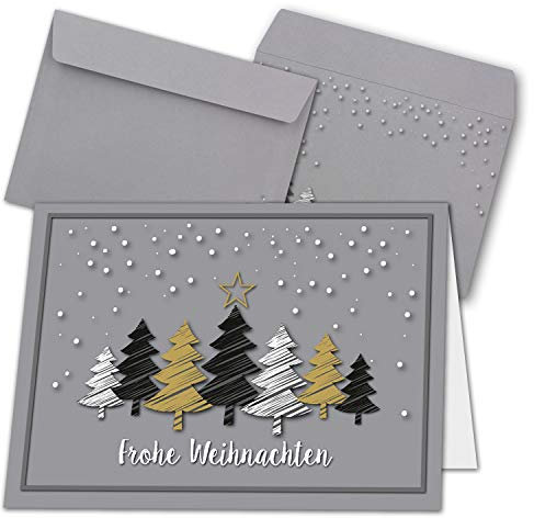 100x Weihnachtskarten-Set DIN A6 in Grau mit Weihnachtsbäumen in Scratch-Optik - Faltkarten mit passenden Umschlägen - Weihnachtsgrüße für Firmen und Privat