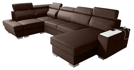 Robin Cezar Ecksofa Schlaffunktion Bettkasten Verstellbare Kopfstützen Sofa L-Form Schlafsofa Freistehende Eckcouch Schlafcouch Wohnzimmermöbel inkl. Laptoptisch Steckdose Braun