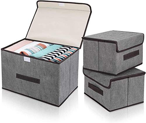 DIMJ 3 Stück Aufbewahrungsboxen mit Deckel und Griff, Faltbare Aufbewahrungskiste für Kleiderschrank, Kleidung, Bücher, Kosmetik, Spielzeug (Grau)