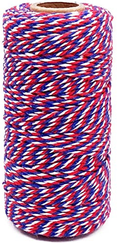 Ficelle en coton rouge, bleu et blanc de 2 mm d'épaisseur - Ficelle de Noël pour emballage cadeau, bricolage, décoration de fête, jardinage
