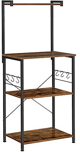 VASAGLE Organisateur de Cuisine, étagère à 3 Niveaux, 6 Crochets en S, pour Micro-Ondes, Grille-Pain, Pots à épices, casseroles, casseroles, industriels, Marron Rustique et Noir KKS023B01