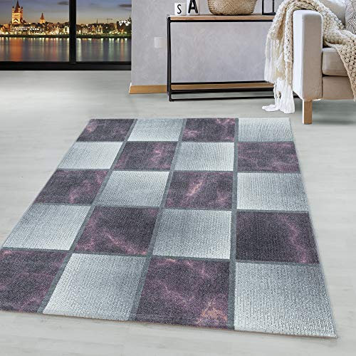 HomebyHome Teppich Wohnzimmer 140x200 cm Lila Kariert Marmor Design - Schlafzimmer Teppich Kurzflor Extra Weich Pflegeleicht Teppiche Waschbar für Küche Esszimmer - Carpet Living Room Halı