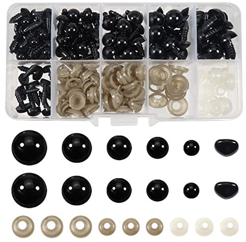 TOAOB 110 Stück Sicherheitsaugen und Sicherheitsnasen für Häkeltiere 6mm 8mm 9mm 10mm 12mm Schwarz Groß Puppenaugen mit Unterlegscheiben Tieraugen für Häkeltiere Marionette Puppenherstellung