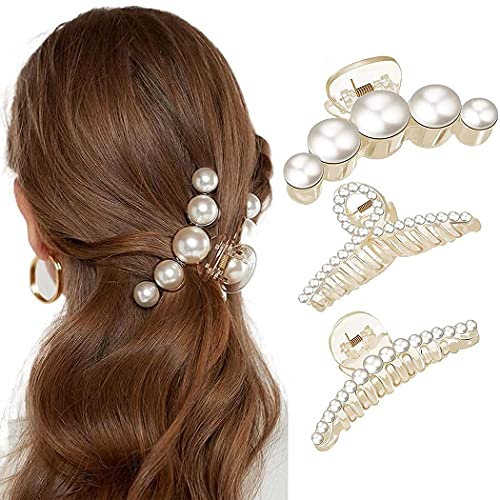 Lot de 3 pinces à cheveux avec perles - Épais et longs - Pinces à cheveux antidérapantes - Accessoires pour cheveux pour femmes et filles
