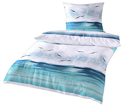 Traumschlaf • Seersucker Bettwäsche Set • Bügelfrei• luftig leichte Sommer-Bettwäsche im Maritimen Look • 240x220 cm + 2X 80x80 cm