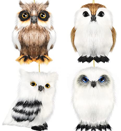 Threan 4 Stücke Hängende Eule Weihnachten Schmuck Mini Plüsch Eule Ornament Weihnachten Verschieden Eulen Dekoration Pelzige Eule Hängend Dekor Weihnachtsbaum Schmuck für Weihnachtsfeier, 4 Stile