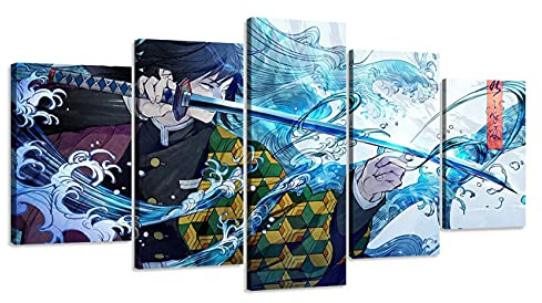 ZHONGYUTONG 5 Teilig Leinwandbild mit Rahmen Demon Slayer Poster Kimetsu Japanische Anime Figur Tanjiro Kunstdrucke HD Gemälde für Wohnzimmerdekoration (200x100cm)