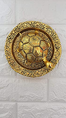 Feng Shui Schildkröte auf Teller, Metall, goldfarben, Durchmesser: 15,2 cm