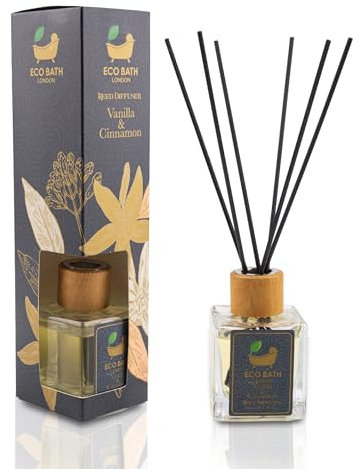 Eco Bath London Vanilla Cinnamon Reed Diffuser - Luxurious Herbal Scent of Cinnamon and Vanilla, Long Lasting Room Diffuser, 100ml (3.38 Fl.Oz)