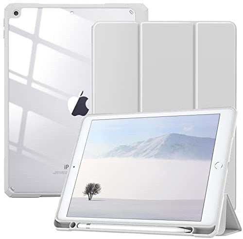 TiMOVO Case for iPad 9th Generation 2021/iPad 8th Generation 2020/iPad 7th Generation 2019 10.2 inch with Pencil Holder, Slim Protective Cover with Clear Back Shell, Auto Wake/Sleep, Light Gray