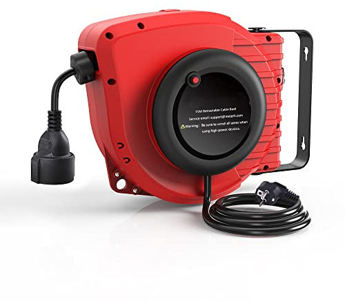 Avvolgicavo Automatico 15M+1.5M Avvolgicavo da Esterno, Applicabile a 1500W (Carico massimo svolto: 3200W) con Staffa a Parete Ruotabile di 180°, Pulsante di Ripristino e Arresto Regolabile