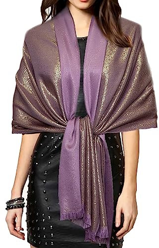 Gragengs Funken Metallic Pashmina Schals und Stola für Damen, Lange Party Tücher Einheitliche Farbe Zwei Töne,Hellviolett/Gold
