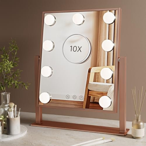 Warmiehomy Hollywood Makeup Mirror with 9 LED Bulbs, 30 * 25cm with 10X Cosmetic Magnifying Mirror, 3 Lighting Modes, USB Power Cord, 360° Rotation Tabletop Lighted (Rose Gold)
