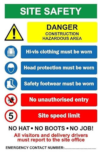 Selbstklebender Aufkleber mit englischer Aufschrift You Safety Danger Construction Hazardous Area No Hat No Boots No Job, 300 mm x 200 mm