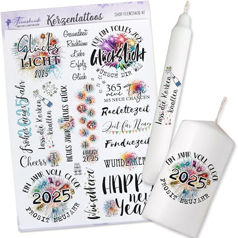 FEENSTAUB Kerzentattoos Silvester, Kerzen Tattoofolie, Mitbringsel Silvester, Jahreswechsel Kerze 2026, Glückslicht, Neujahrsgeschenk, Neujahr Glücksbringer, Feuerwerkmotiv
