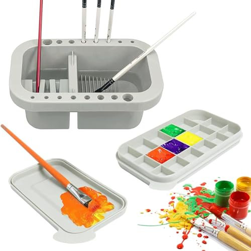 Jenrisben 3 in 1 Oil Paint Brush Cleaner Pot with Watercolour Palette, Art Paintbrush Washer Basin and 16 Hole Paintbrush Holder, Multifunctional for Artist