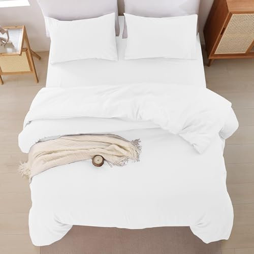 BedLooms 4 Piece Double Bedding Set White Duvet Cover Sets Fitted Sheet with Pilow cases Double Duvet Set Soft and Fade Resistant Brushed Microfiber Bedding Quilt Cover Set