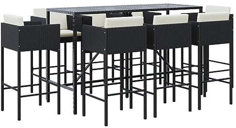Makastle 9-teilig Gartenbar Set mit Kissen, Garten Sitzgruppe Essgruppe Stehtisch Barstühlen Gartenmöbel, Bartisch mit Barhocker Set für Garten Rasen, Schwarz Poly Rattan