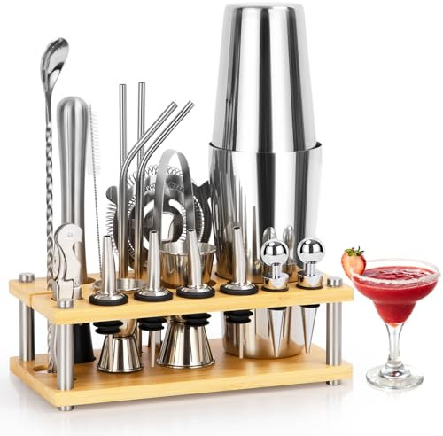 MUUKAIII 750ML Ensemble de Cocktails 20 Pièces d'accessoires à Cocktail en Acier Inoxydable Set de Barman Professionnel avec Support et 4 Antidérapants en Silicone Cadeau pour Hommes Femmes (Boston20)