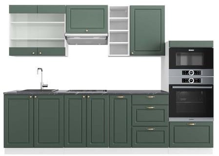 Vicco Küchenzeile Fame-Line, Grün-Gold Landhaus/Weiß, 280 cm, AP Anthrazit