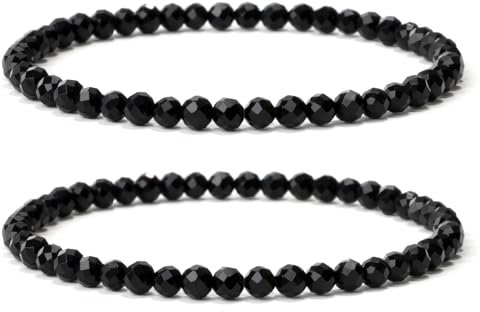 Landorilo 2 Stück Naturstein Facettiertes Perlen Stretch Armband (4mm) für Damen Herren, Yoga Heilstein Armbänder, Freundschaftsarmband, Paar-Armband, Ersatzperlen Inklusive(2F Schwarzer Turmalin)
