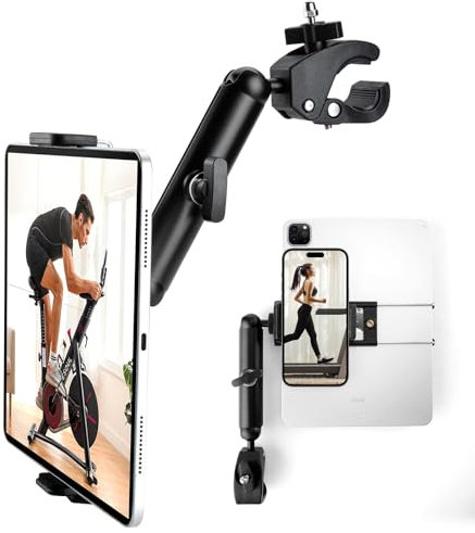 Laufband Tablet&Handy Halter,Heimtrainer Fahrrad Tablet Halterung,Handy und Tablet Halterungf ür 4-11 Zoll Geräte,Klemme für stationäre Fahrrad Elliptische Spin Bike Peloton Kinderwagen (Schwarz)