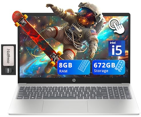 HP Computer portatile touchscreen HD da 15,6, Intel i5-1235U, 8 GB di RAM, 672 GB di memoria (SSD da 512 GB + set di docking station da 160 GB), grafica Intel Iris Xe, tastiera numerica, webcam 720p,