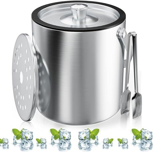 Eiswürfelbehälter, Eisbehälter rund mit Sieb und Eiszange, 2L Eiswürfelbehälte, Wiederverwendbar Edelstahl Eiskübel, Eiswürfel Kühler, Party, zur Aufbewahrung von Eis und zum Kühlen von Getränken