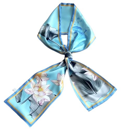 GIMIRO Satin Seidenschal Doppelschichten 150 x 16cm Krawatte Blumen Taillengürtel für Blazer, Mantel, Kleid (Blue Pink Lotus)