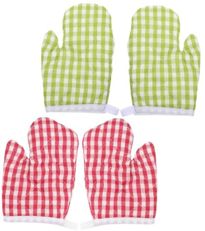 TOPPERFUN Heat Resistant Oven Mitts Kitchen Gloves Thickened Double Pairs for Microwave Baking and Oven Cooking Hand Protection Gloves Red and Green Plaid Pattern