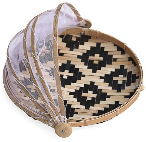 BEAHING Filet Alimentaire, Tente de Nourriture, Panier de Fruits en Bambou 14 Pouces avec Couvercle en Maille, légumes Fruits Ronds à poussière pour Pique-niques, trajets Camping