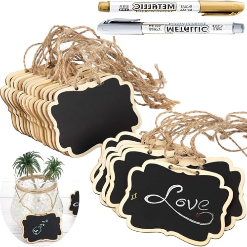 Lot de 24 mini étiquettes de tableau noir réutilisables avec ficelle, 5,9 x 8,5 cm avec marqueurs dorés et argentés, étiquettes double face à suspendre pour tableau noir, étiquettes de prix