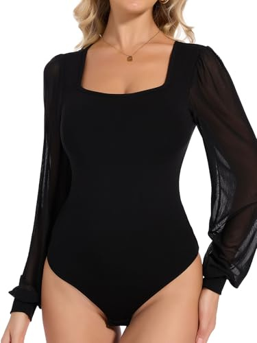 Joyshaper Body Damen Puffärmel Bodysuit Langarmbody Elegant Damenbody Top | Langarm Bodysuit Oberteil Basic Bodys Halbtransparente Langärmel