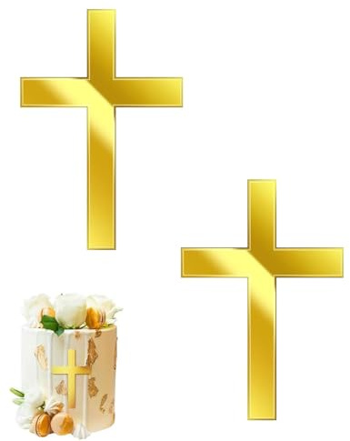 FUGLUS 2 Stück Kreuz Tortendeko Taufe,Cake Topper Kommunion,Gold Deko Konfirmation,Mädchen Junge Torte Firmung Acryl Dekoration,Kuchen Tortenaufleger Goldene Kreuze,für Party Tauftorte
