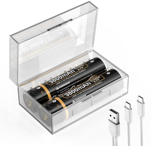 2 Stück 3800mAh Höhe Kapazität Akku, 3,7V Neuer 0-Zyklus Eingebauter Ladeanschluss, Schnellladung über USB-C mit Zwei Kopfkabel, für LED Stirnlampe
