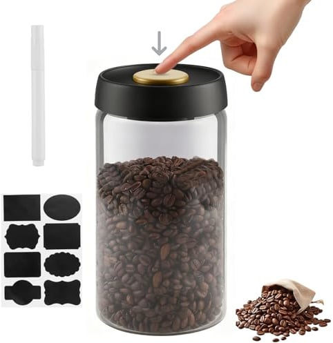 Kaffeedose luftdicht 1,2L Kaffee Vakuumbehälter aus Glas, Kaffeebehälter luftdicht, Kaffeebohnen Behälter vakuum mit schwarzem Deckel und goldenem Knopf, Kaffeebehälter vakuum für Bohnen, Tee, Nüsse