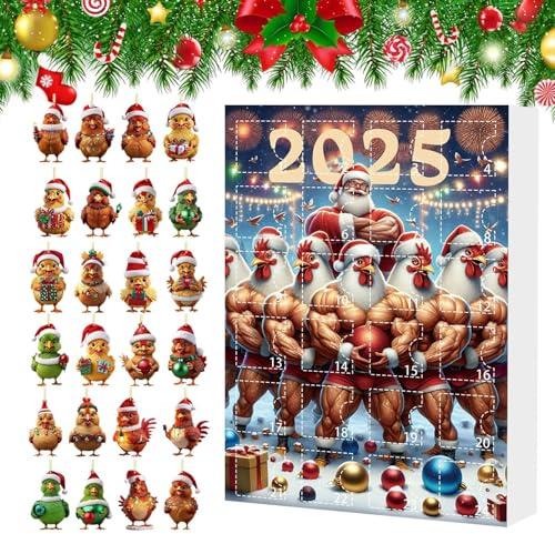 dzqad Adventskalender Christbaumschmuck, 24-Tage Hühner Countdown Kalender 2025, 2D Acryl Anhänger Tier Deko Für Haus Auto Innenspiegel Tür Wand Christbaum Party Dekoration