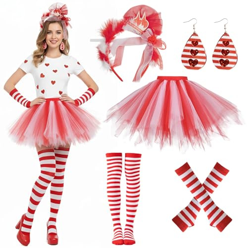 YYSWSAKY Kölner Karneval Kostüm Damen, Rot Weiss Kostüm Accessoires - Tüllrock Haarreif Ohrringe Handschuhe Strümpfe, Kölsche Karnevalskostüme, Geschenk für Fasching
