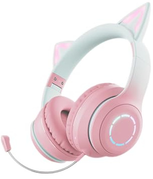 Plyisty Kabelloses Gaming-Headset, niedliche Katzenohren, Bluetooth 5.3, LED-Beleuchtung, abnehmbares Mikrofon, 40-mm-Treiber, 3,5-mm-AUX-Kabel, faltbar, Bequeme Ohrpolster (PINK)