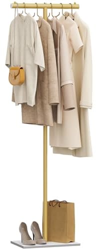 OUTBROS Portant à Vêtements, Métal Porte Manteau, 175cm, Jaune Doré | Type T Penderie vetement dressing, Portant Petit avec Dalles de roche lourdes, Petit cintre d'angle