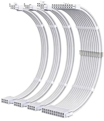 BORDEAG PSU Kabel Verlängerung Kit, Sleeved Cable Kit für PC/GPU/CPU, 18AWG Weißes PSU-Verlängerungskabel-Kit, 24PIN*1+8(6+2) PIN*2+8(4+4) PIN*1 Kabelmanagment, PC Netzteil Extension Kabel 30CM