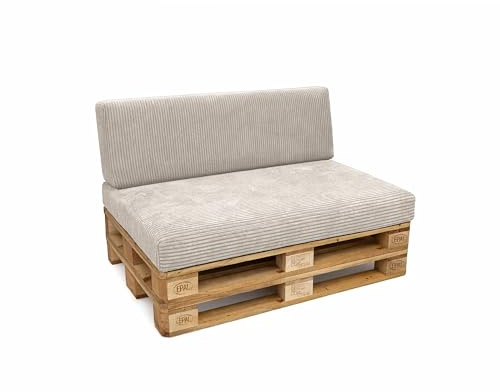 POKAR Palettenkissen 2er Set: Sitzkissen 120x80 + Rückenkissen 120x40 | Palettenauflagen aus Cordstoff mit Abnehmbarem Bezug | Sitz und Rückenlehne für Palettensofa | Öko Tex | Made in EU | Elfenbein